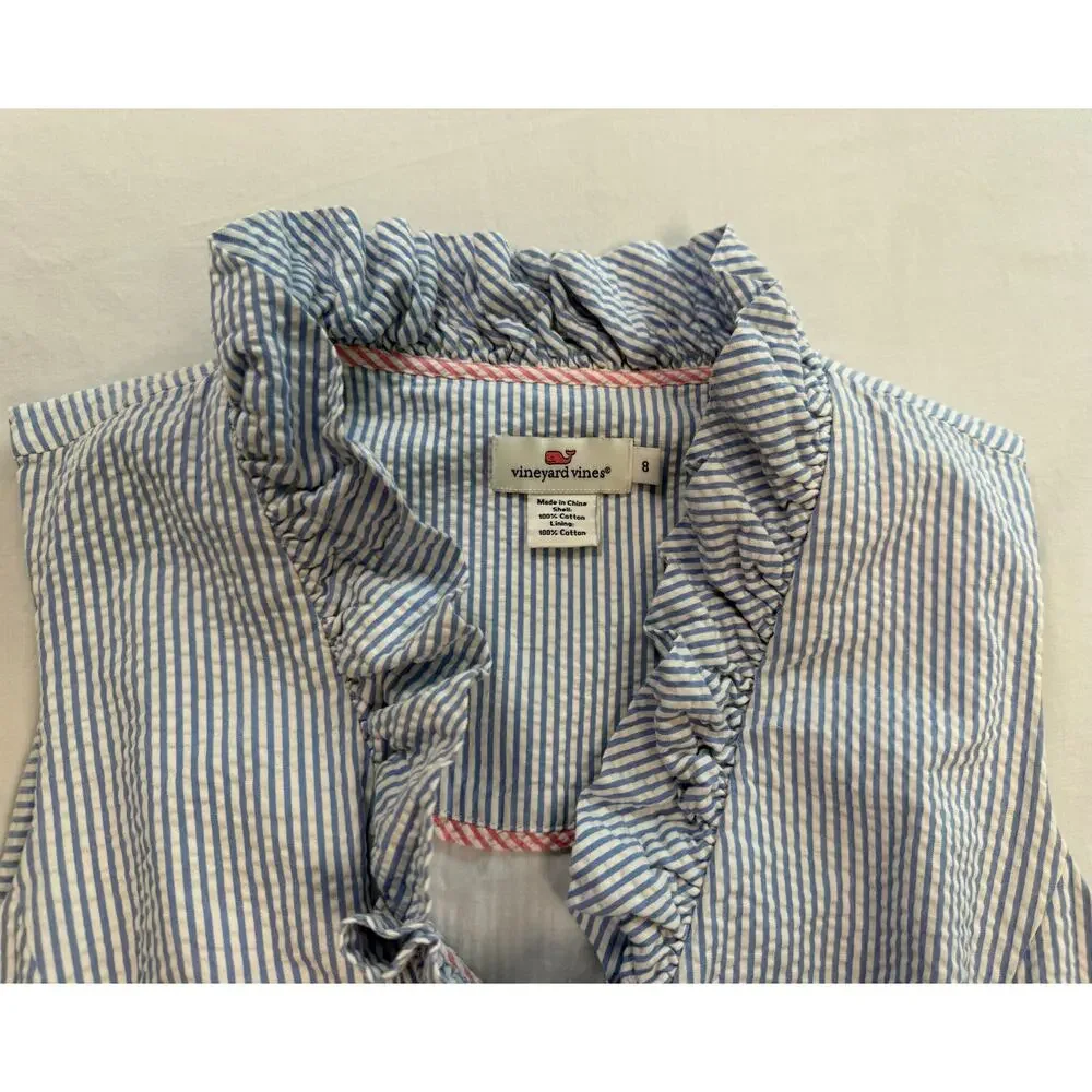 Vineyard Vines Blue White Seersucker Ruffle Dress SIZE 8